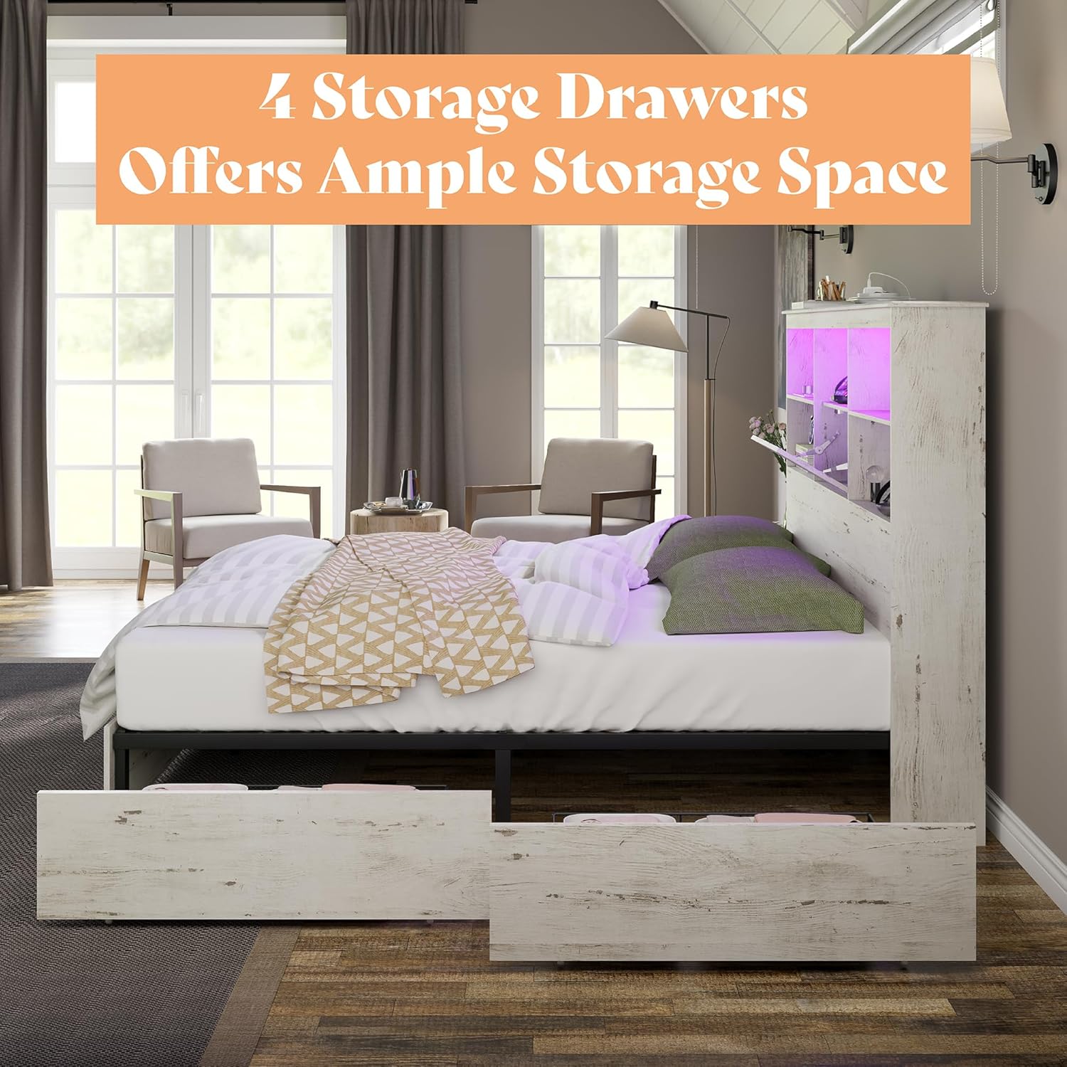 King Size Bed Frame Wooden Platform Bed with 51.2" Storage LED Bookcase Headboard