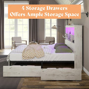 King Size Bed Frame Wooden Platform Bed with 51.2" Storage LED Bookcase Headboard