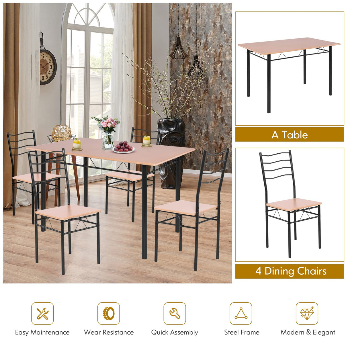 COSTWAY 5 Pieces Dining Room Table Set, Modern Kitchen Table Set with Metal Framework & Anti-slip Pads, Dining Furniture Set with 4 High Back Chairs for Dining room, Restaurant and Cafe (Walnut)