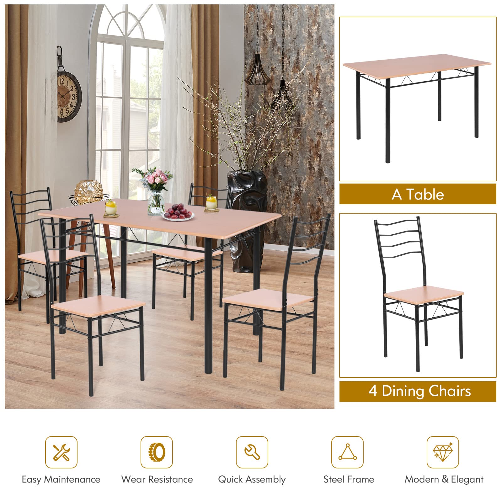 Dining Table Set for 4, Compact Rectangular Kitchen Table w/Metal Frame, PU Cushion
