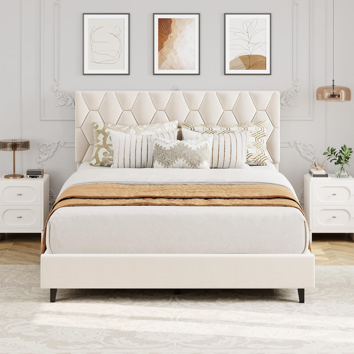 Beige Upholstered Queen Bed Frame with Platform & Wood Slats