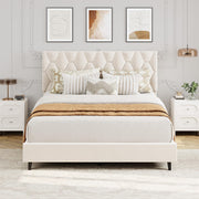 Beige Upholstered Queen Bed Frame with Platform & Wood Slats