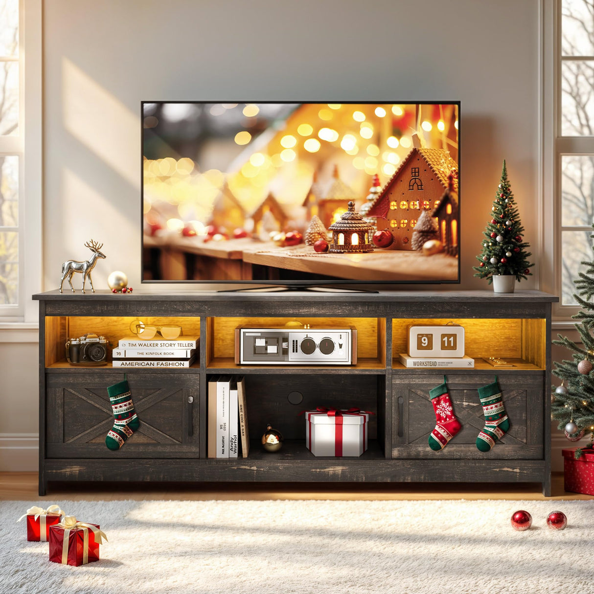 for TVs Up to 65 Inch, Entertainment Centre with LED Light, TV Table with Power Outlet,