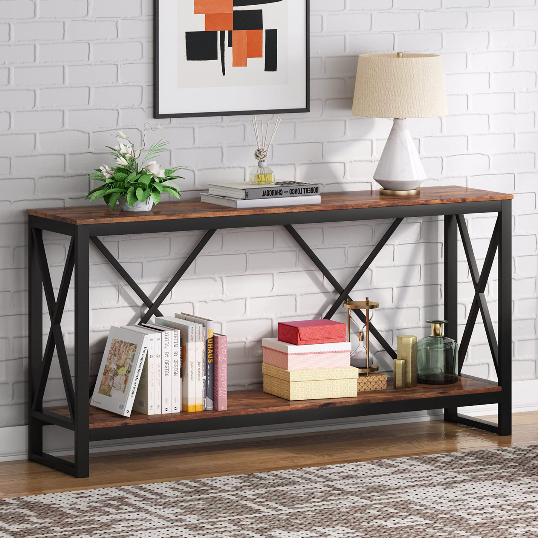 70.9 Inch Extra Long Console Table, Industrial Narrow Sofa Entry Behind Couch with Open Storage Shelf.