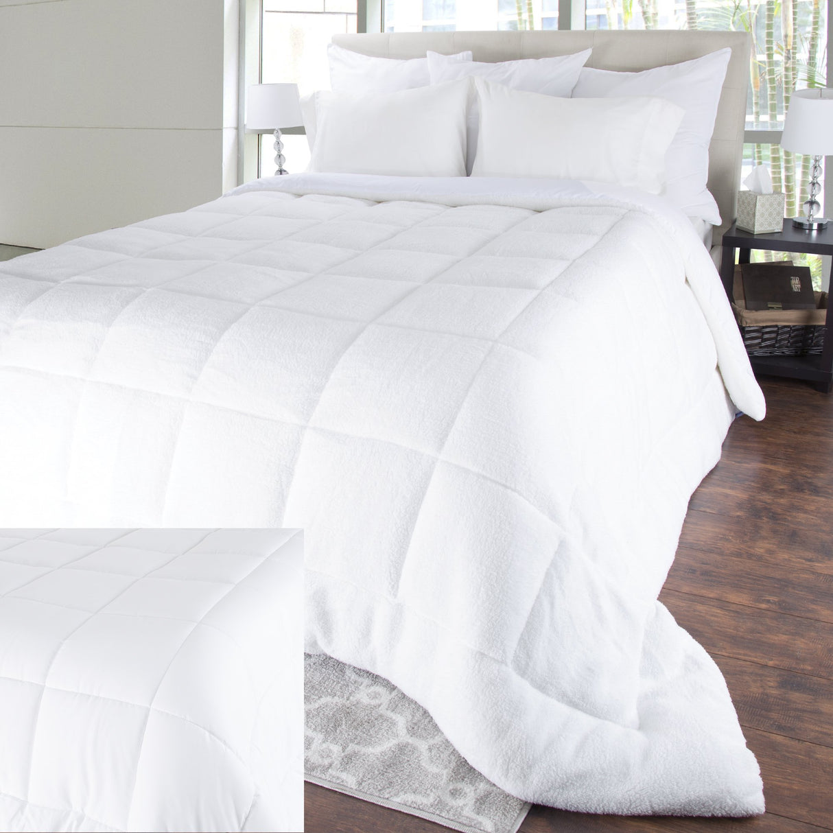 Reversible Oversized Down Alt Comforter with Sherpa-Twin, White