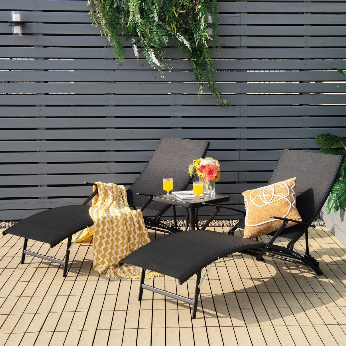 Set of 2 Patio Chaise Lounge Chairs with 5-Level Adjustable Backrest