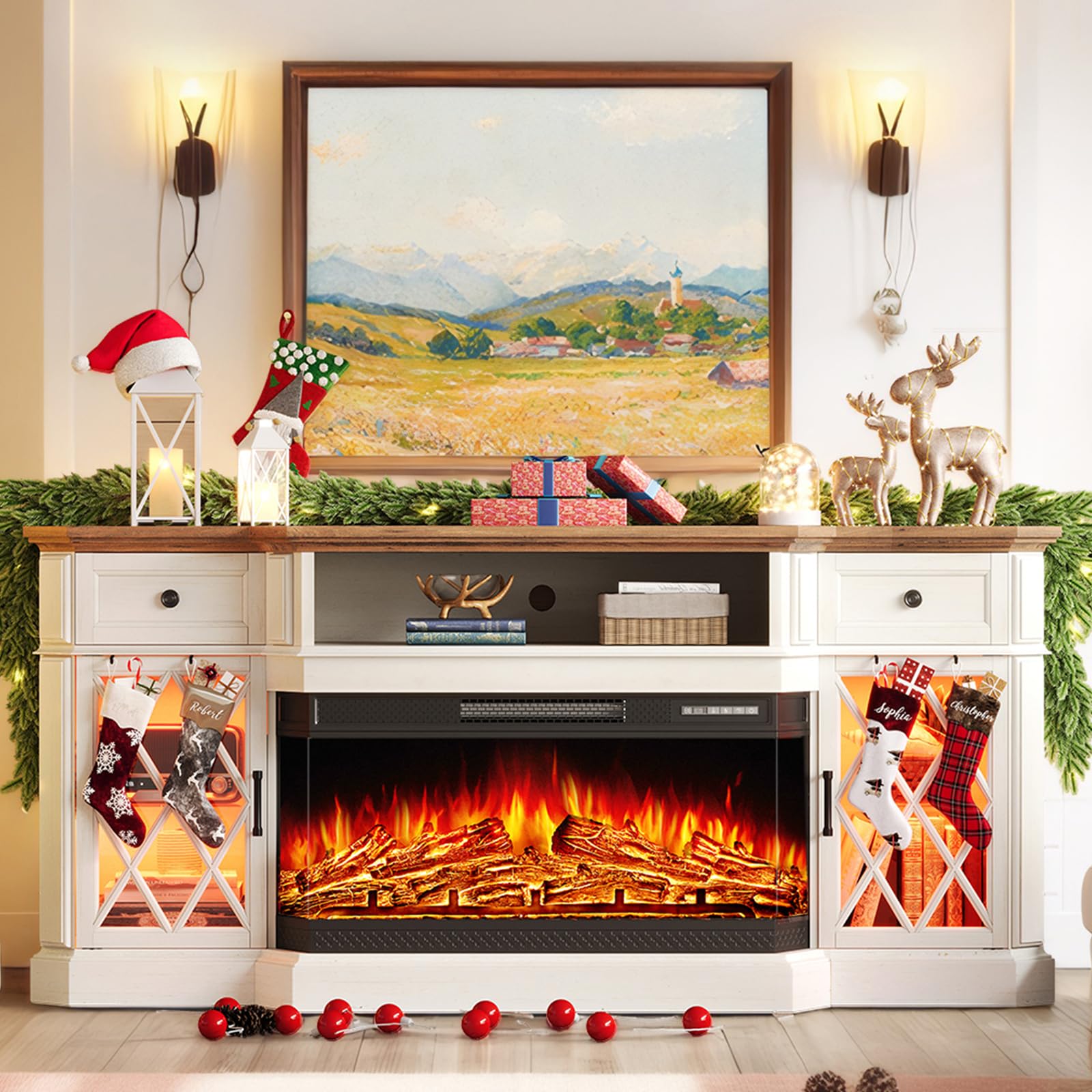 70" Farmhouse Fireplace TV Stand with LED Lights