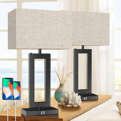 22’’ Tall Set of 2 Touch Control Table Lamp w. 2 USB Ports, 3-Way Dimmable Modern