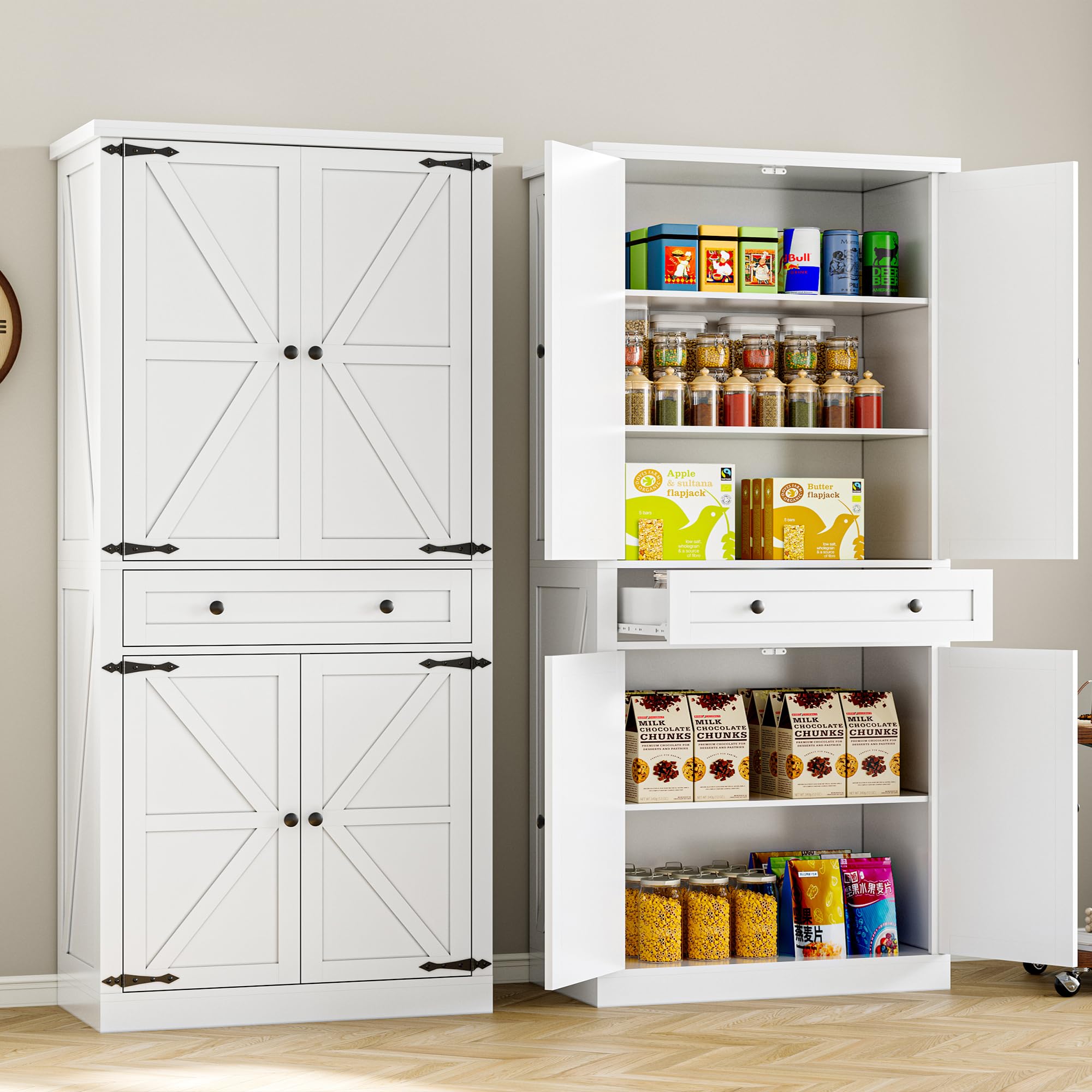 Pantry Organizers and Storage Cabinet, 70” Barn Door White Kitchen Cabinet