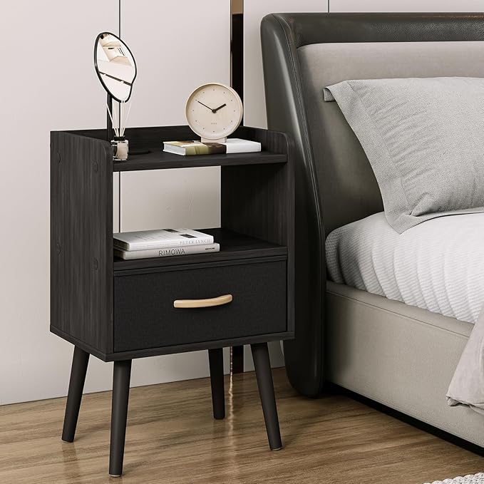 Nightstand with Fabric Drawer, Wooden Bedside Table with 3 Tier Storage