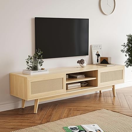 65'' Rattan TV Stand with Storage,Mid Century Modern TV Stand for Living Room