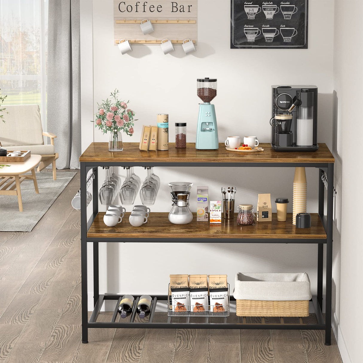 Kitchen Island with Wine Glass Holder, Industrial Wood and Metal Coffee Bar