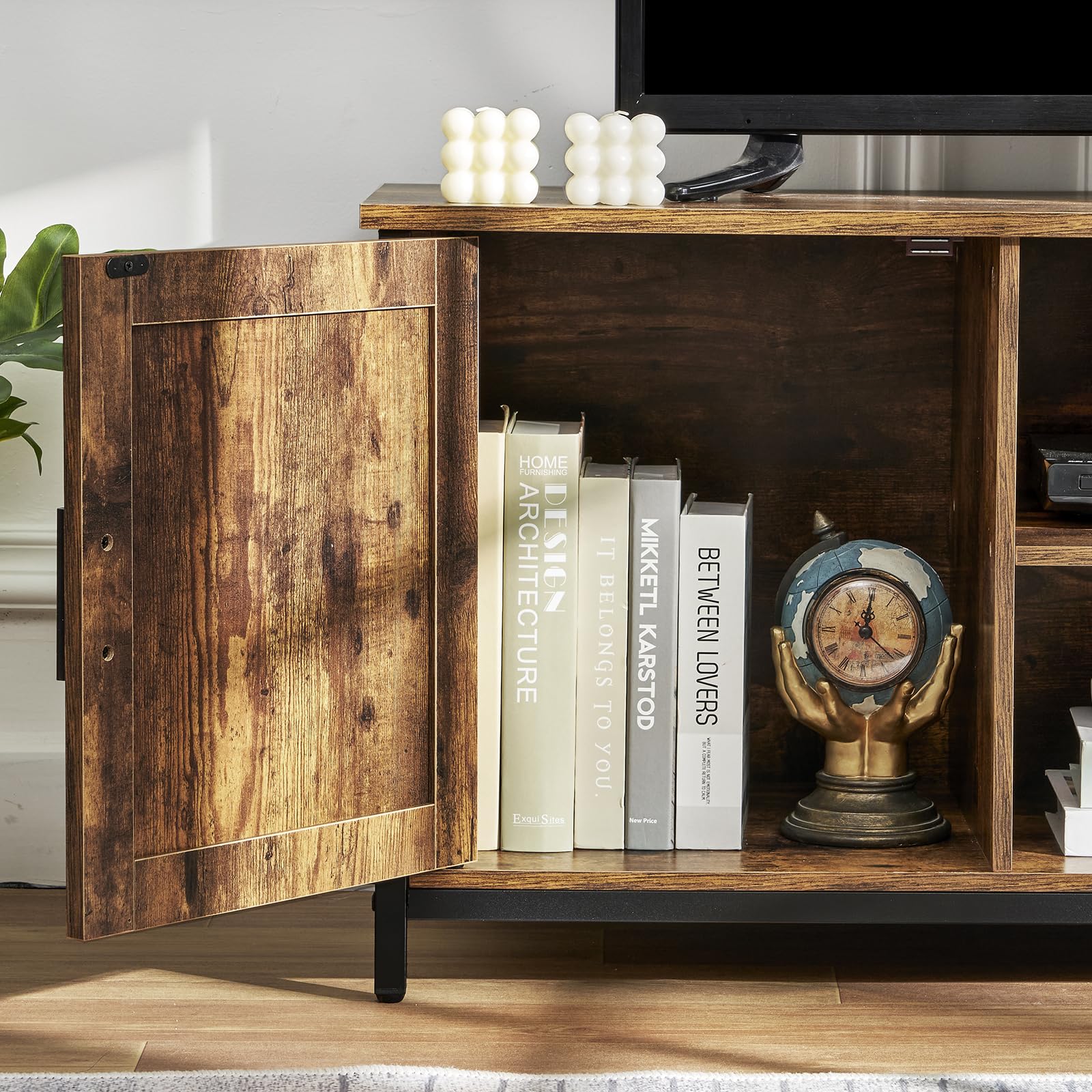 Farmhouse TV Stand for up to 65 Inch TV, Entertainment Center with 2 Cabinets & Shelf,
