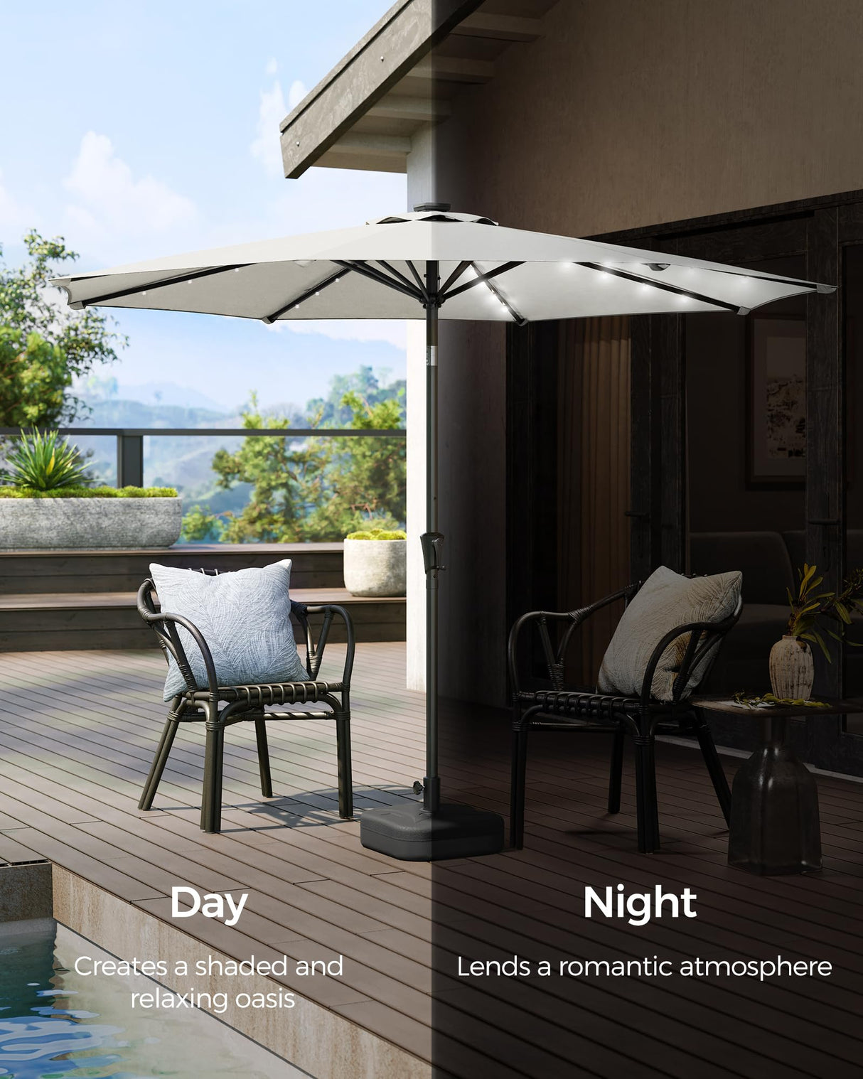 9 ft Solar Patio Umbrella, 32 LED Lights, Lighted Table Outdoor Umbrella,