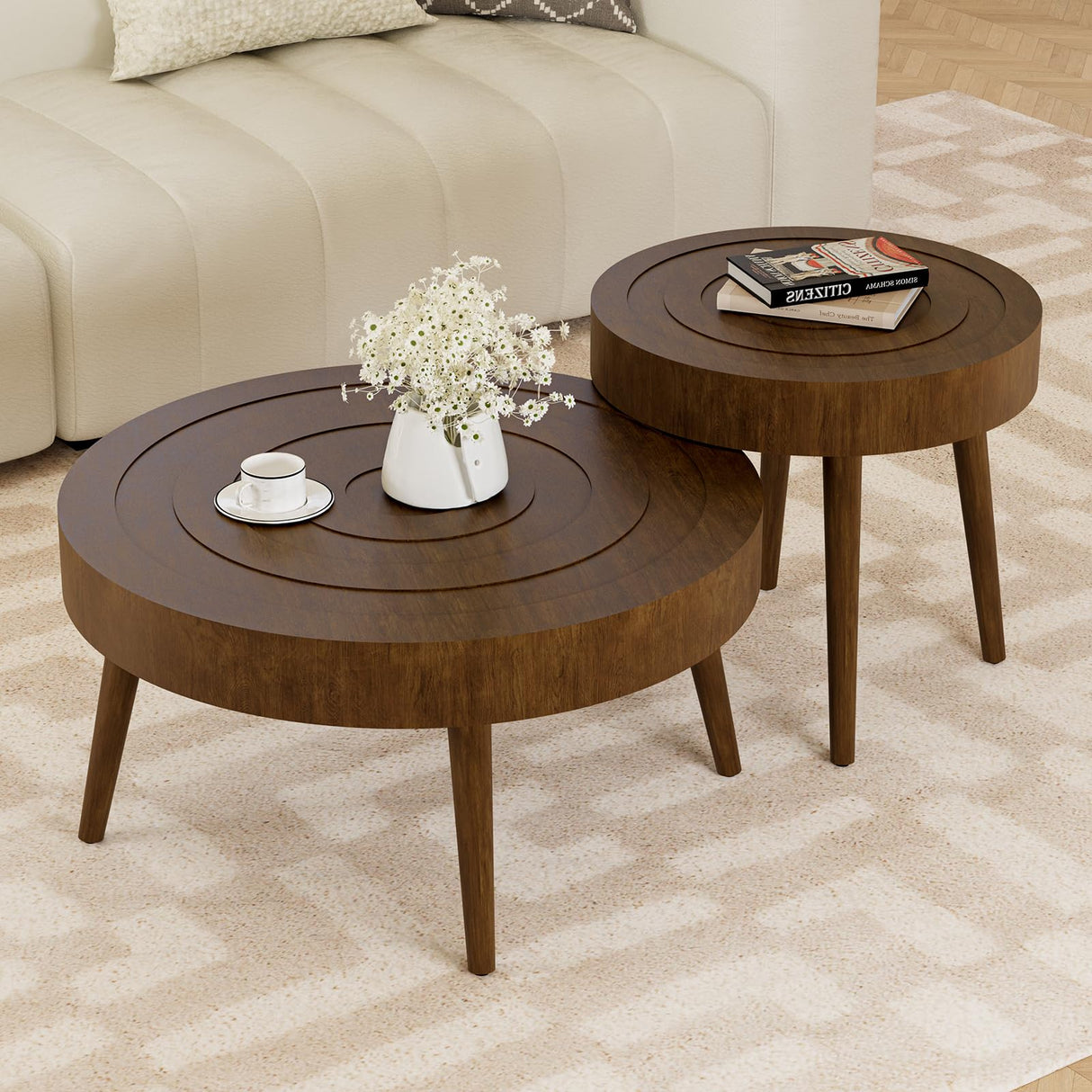 Nesting Coffee Tables w Wood Grain Finish, 2 Pieces Living Room Tea Table Sets