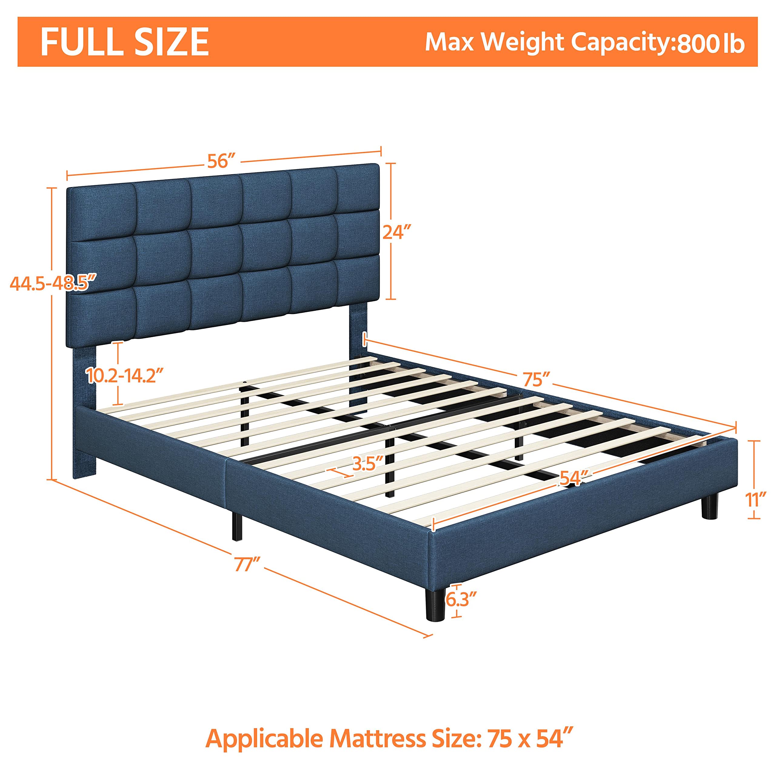 Full Upholstered Platform Bed Frame, Mattress Foundation with Height Adjustable Tufted