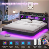 King Floating Bed Frame with LED Lights & Storage Headboard