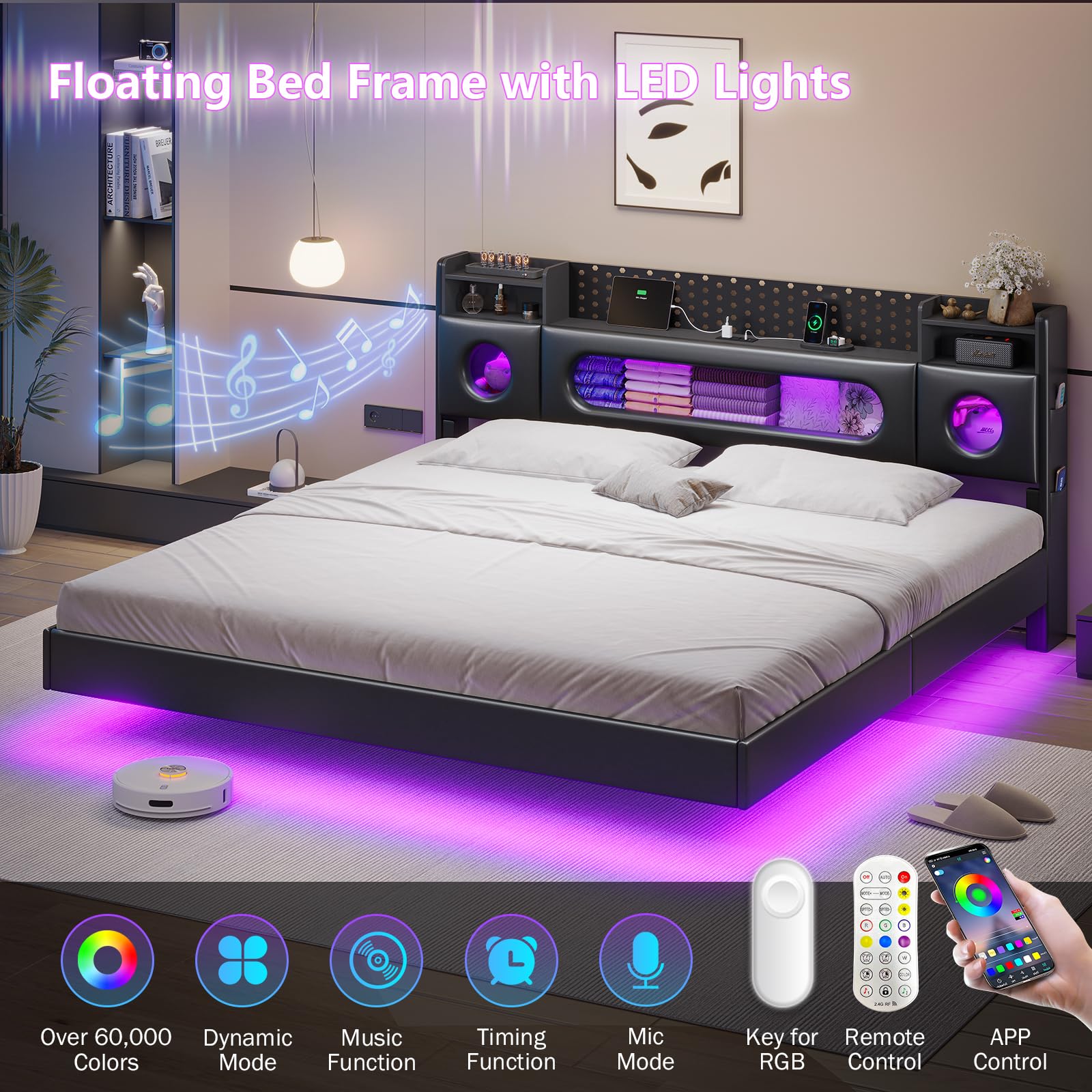 King Floating Bed Frame with LED Lights & Storage Headboard