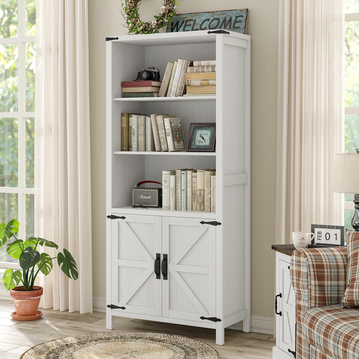 Farmhouse Bookcase and Bookshelf with Doors, 5-Shelf Bookcase Adjustable