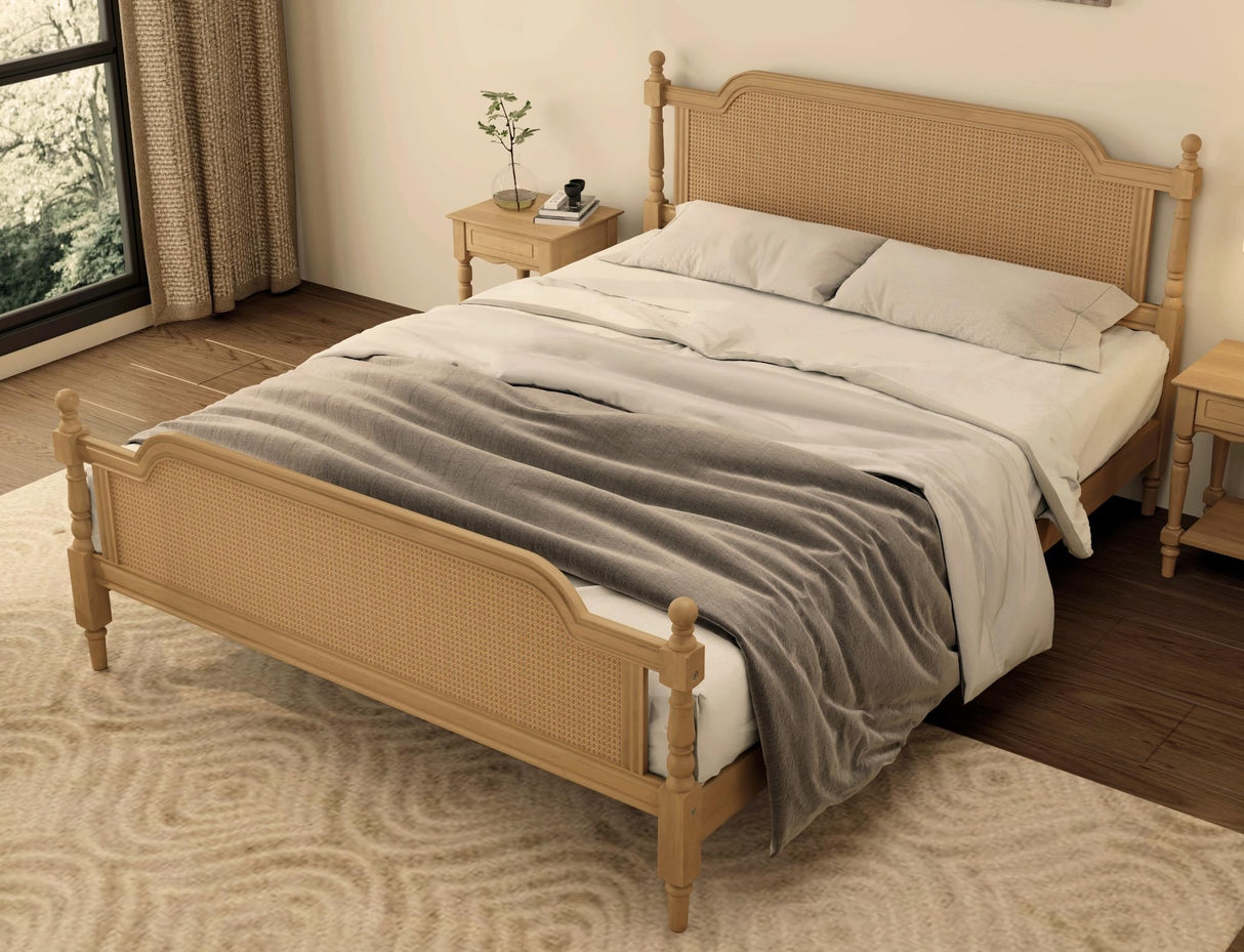 King Bed Frame with Rattan Headboard - Solid Pine Wood Platform