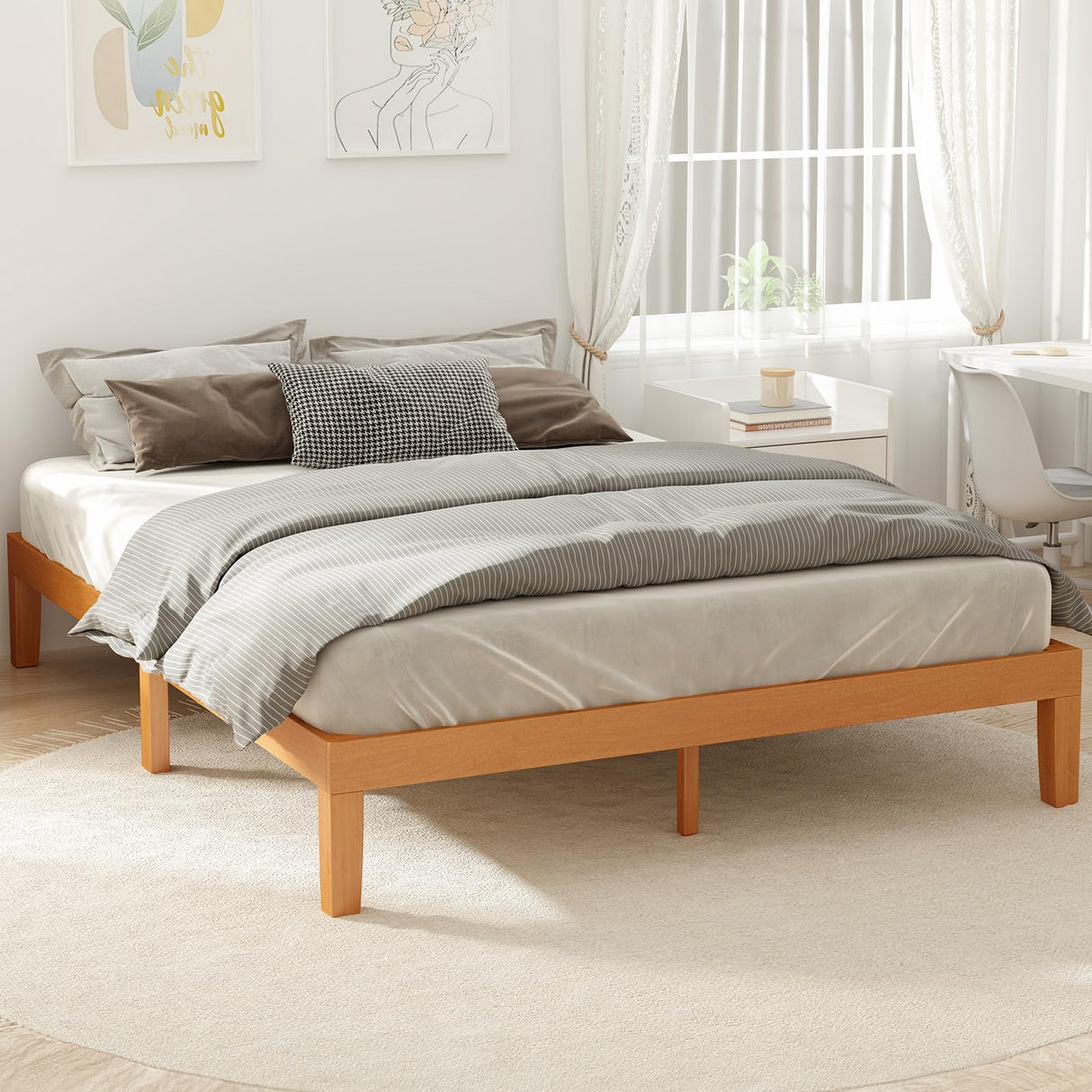 Full Size Wood Bed Frame, 12in Wooden Platform Bed Frame Mattress Foundation