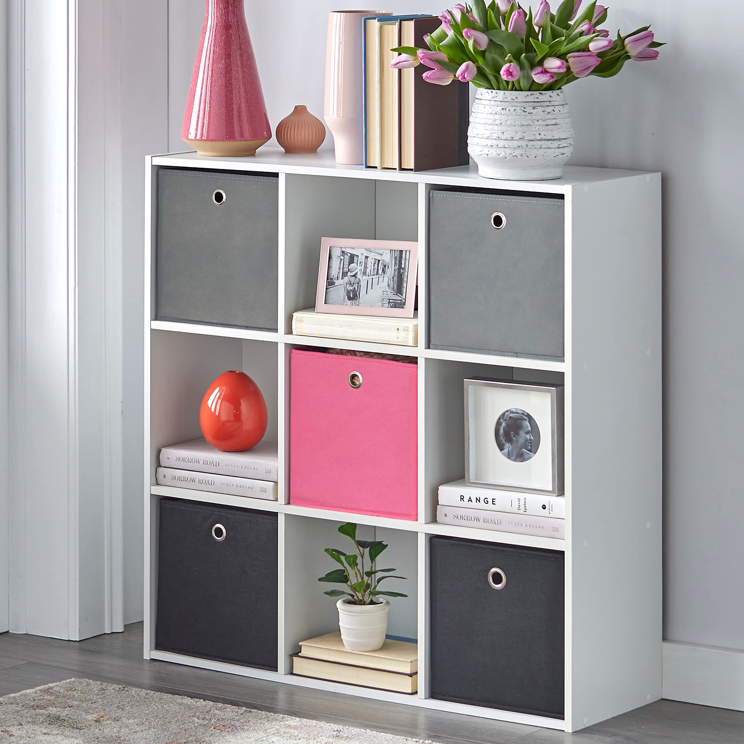 Systems Utility Collection Modular Bookcase with 5 Bins and 4-Cubbies, Contemporary Cube Book Display Shelves, Storage Organizer for Bedroom, Living Room and Office, White