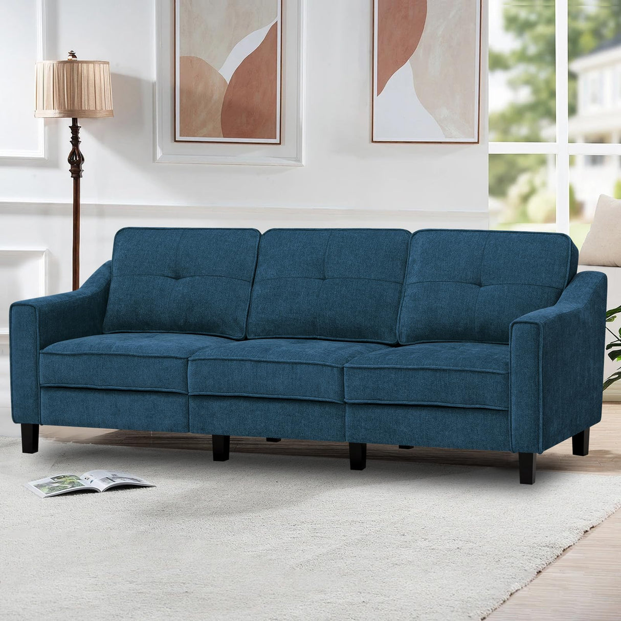 84” Fabric 3-Seaters Sofa with Tufted Backrest, Chenille Modern Sofa with Stable Wooden Legs, Upholstered Couch for Living Room, Apartment, Office, Blue