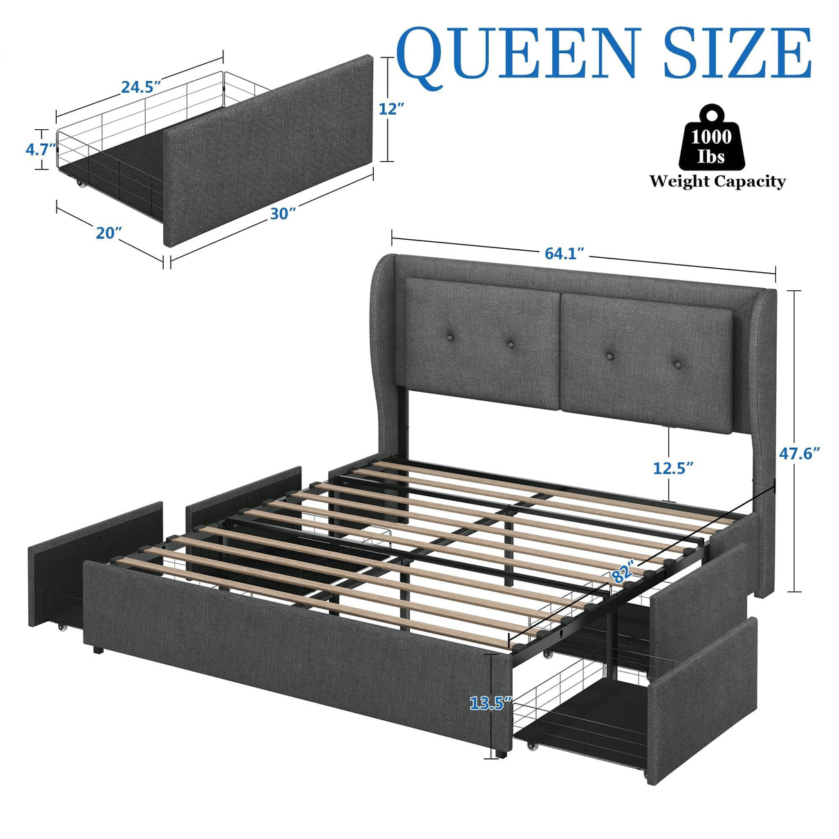 Queen Bed Frame with Storage Drawers, Upholstered LED Bed Frame Queen Size