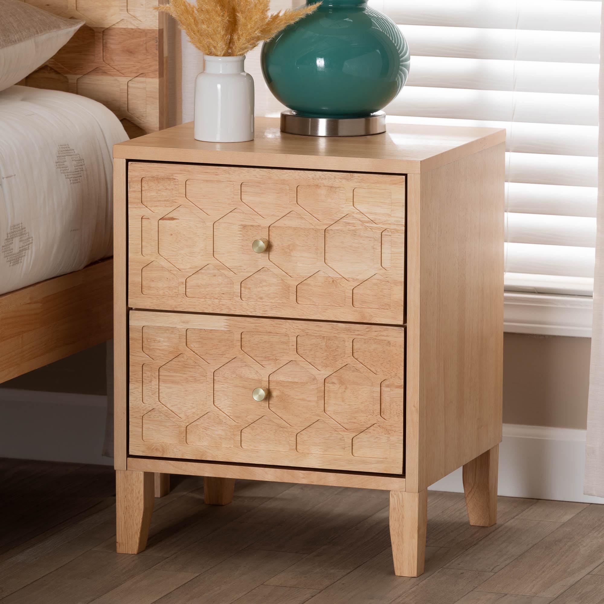 Baxton Studio Hosea Carved Honeycomb Nightstand, 2-Drawer, Natural