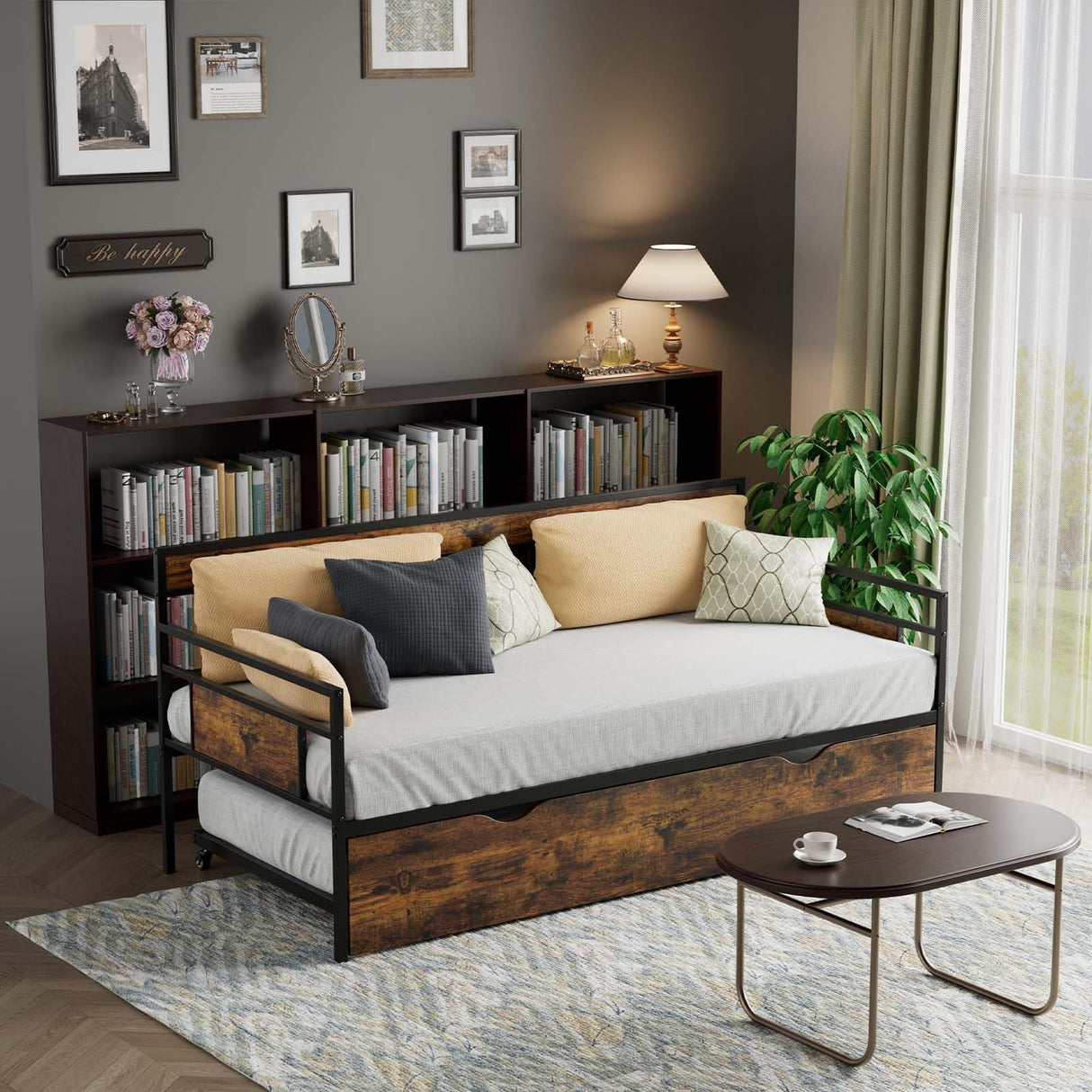 Twin Daybed with Trundle, Rustic Metal Sofa Bed Frame with Wooden Headboards