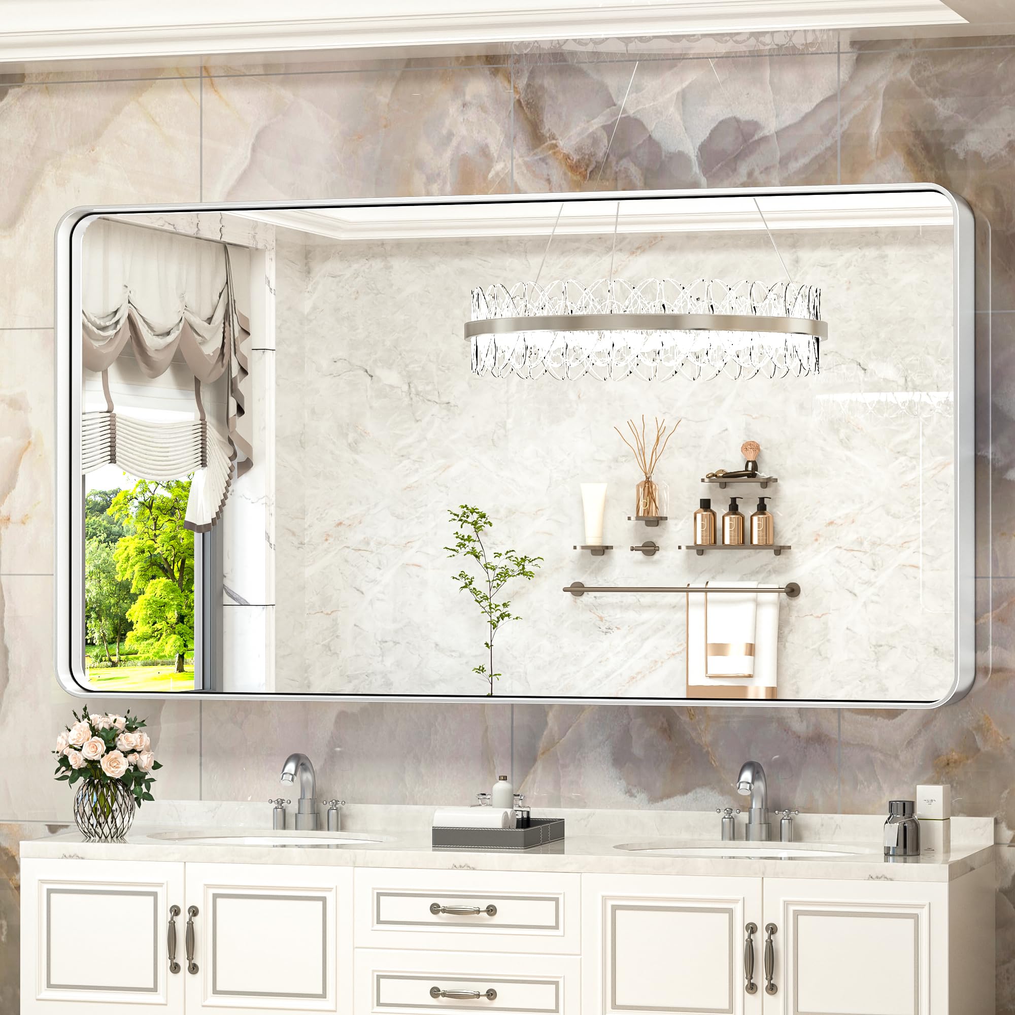 Mirror for Bathroom Brushed Silver Metal Frame Decorative Rectangular