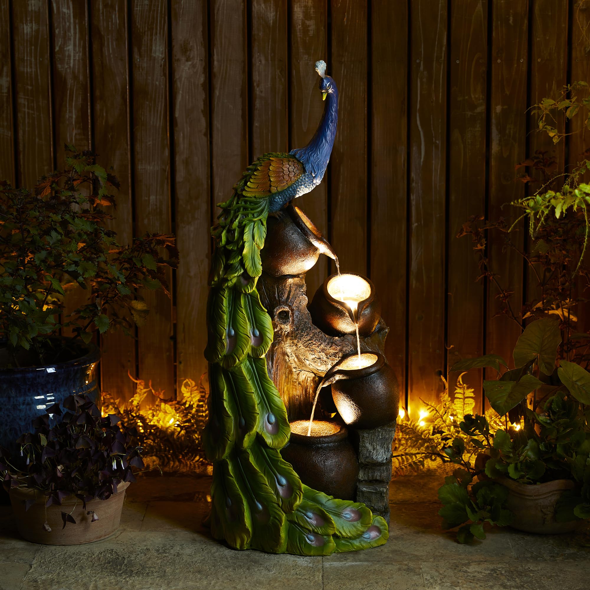 4-Tier Oversized Peacock Sculpture with Jars Outdoor Water Fountain with LED Light