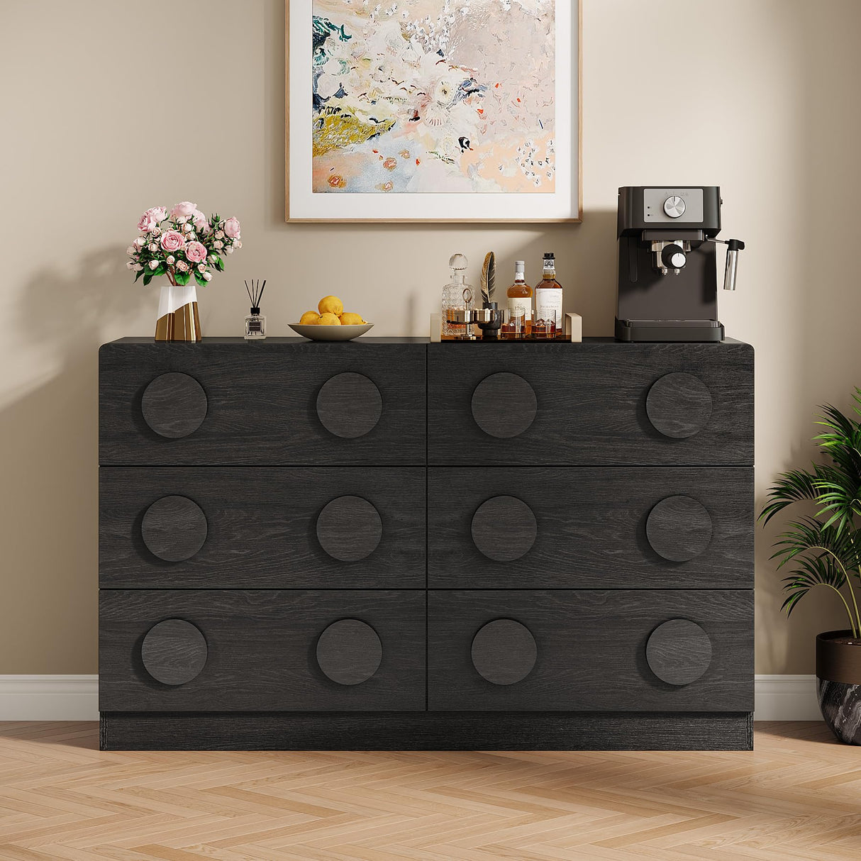 Modern 47" Wide Black Sideboard Buffet Cabinet with Storage and 6 Drawers