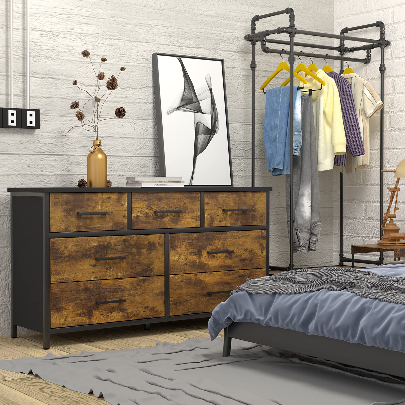 7 Drawer Wood Dresser, Industrial Wood Storage Dresser Clothes Organizer