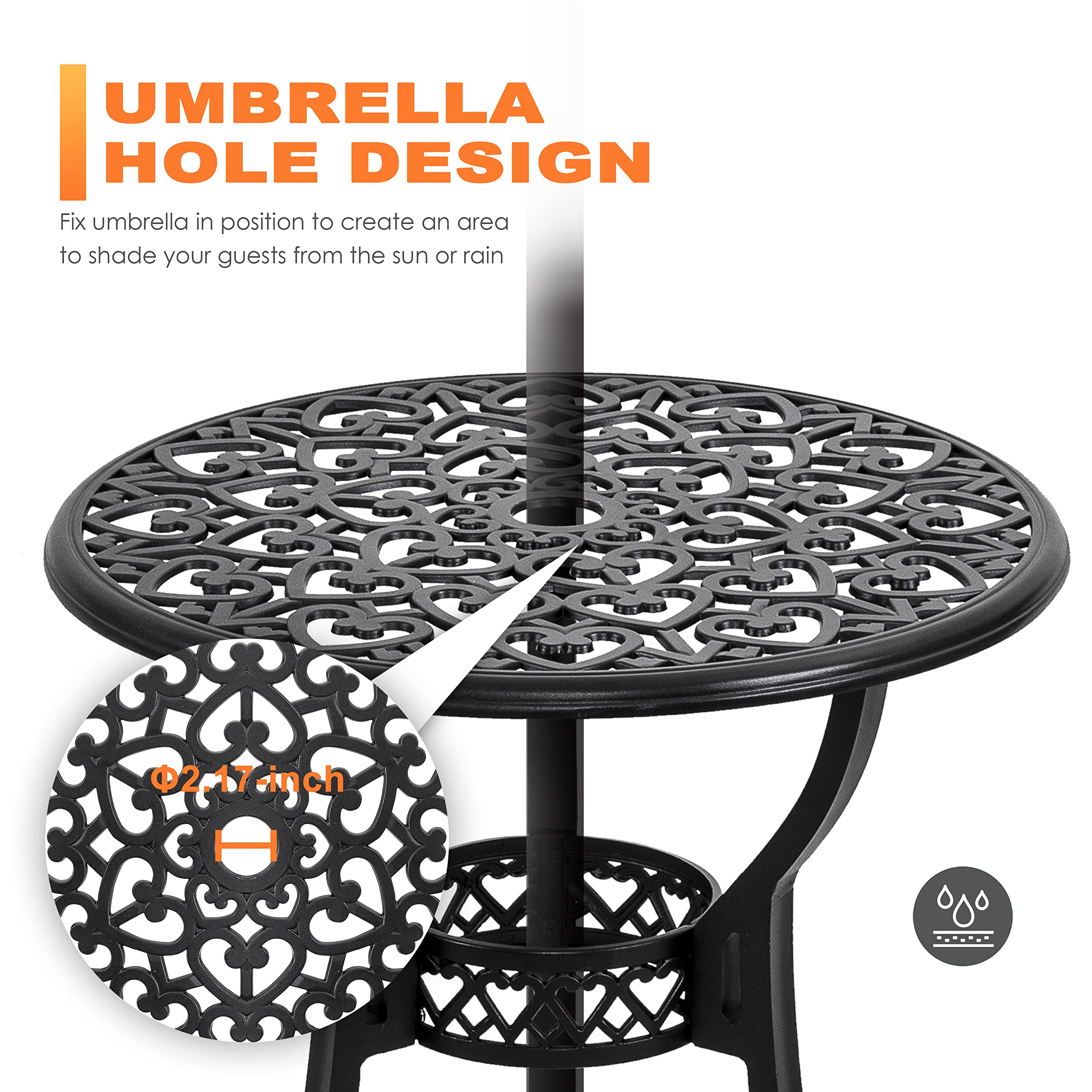 Bistro Set 3 Piece Outdoor, Cast Aluminum Patio Bistro Sets with Umbrella Hole