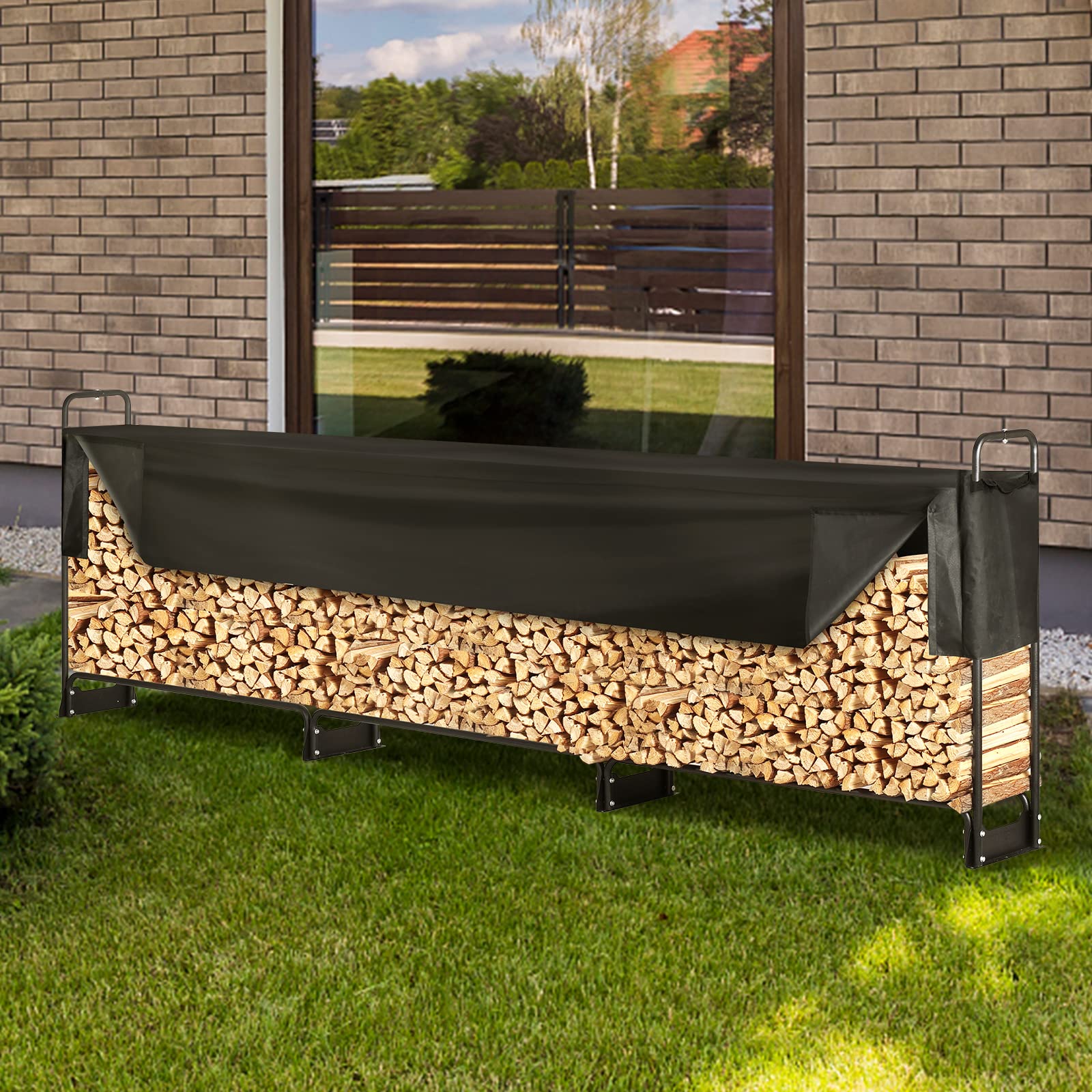 12.7FT Outdoor Firewood Rack with Cover, 152x14.2x46.1in, Heavy Duty Firewood Holder