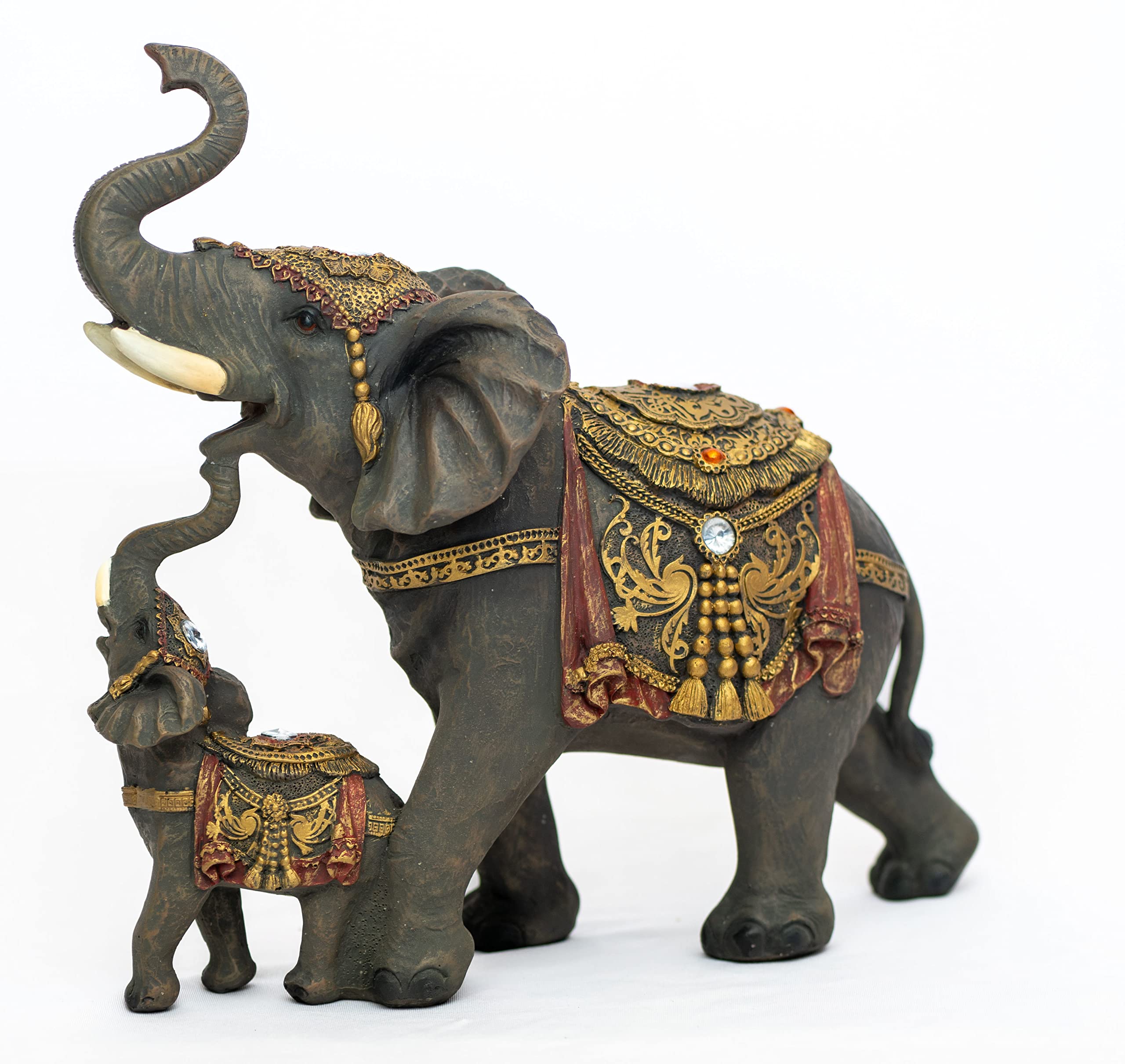 Mama and Baby Elephants Statue Figurines Home Decor Trunk Facing Upwards Lucky