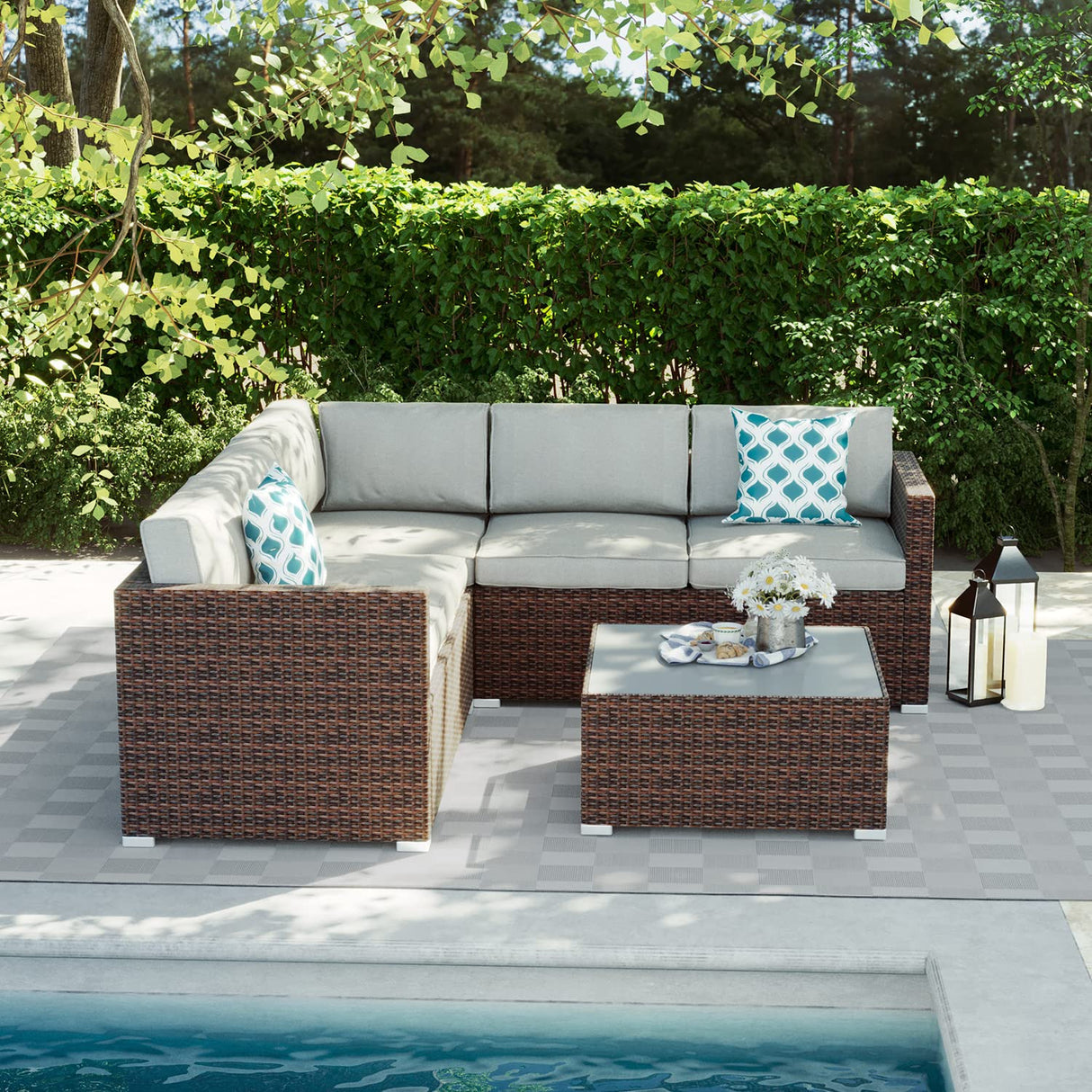 4-Piece Outdoor Sectional Sofa Patio Furniture Set w Grey Thick Cushions,Sofas