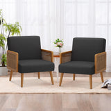 Accent Chair with Rattan Arms, Upholstered Mid Century Modern Chair for Bedroom Living Room Reading Chairs Rattan Armchair, Linen Comfy Lounge Chairs Side Chair, Black