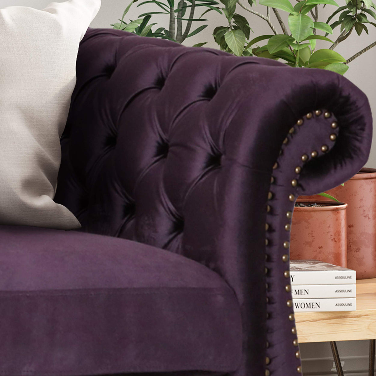 Tufted Jewel Toned Velvet Sofa with Scroll Arms, BlackBerry