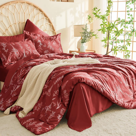 Terracotta Bed in a Bag Queen 7 Pieces, Queen Comforter Set Reversible Botanical Flowers Design,