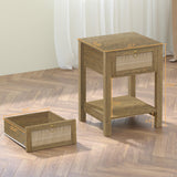 Nightstand Set of 2 - Rattan Decor Drawer with Brass Knobs Night Stand Wood Bedside