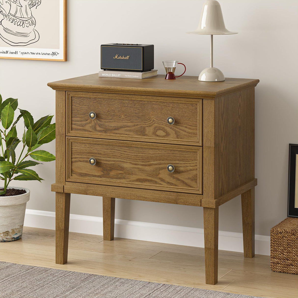 Solid Wood Nightstand with 2 Drawers, Practical Bed Side Table/Night Stan