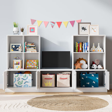 White Bookshelf, 3-Tier Bookcase with 4 Doors and 8 Cubes