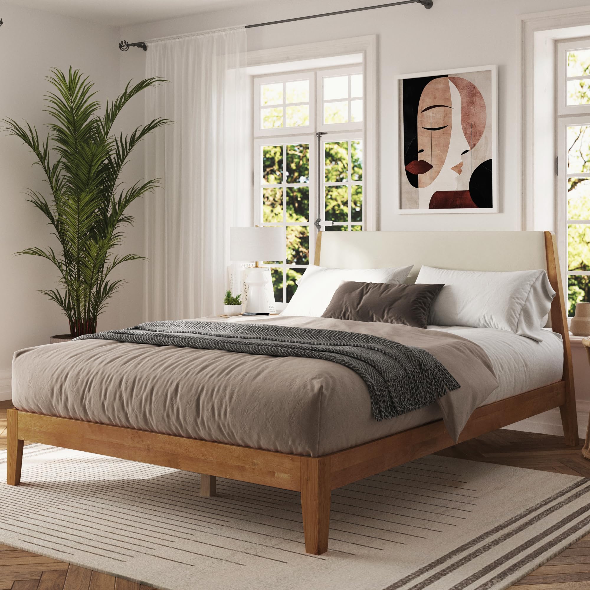 Solid Wood Queen Bed Frame with Headboard - Beige Walnut