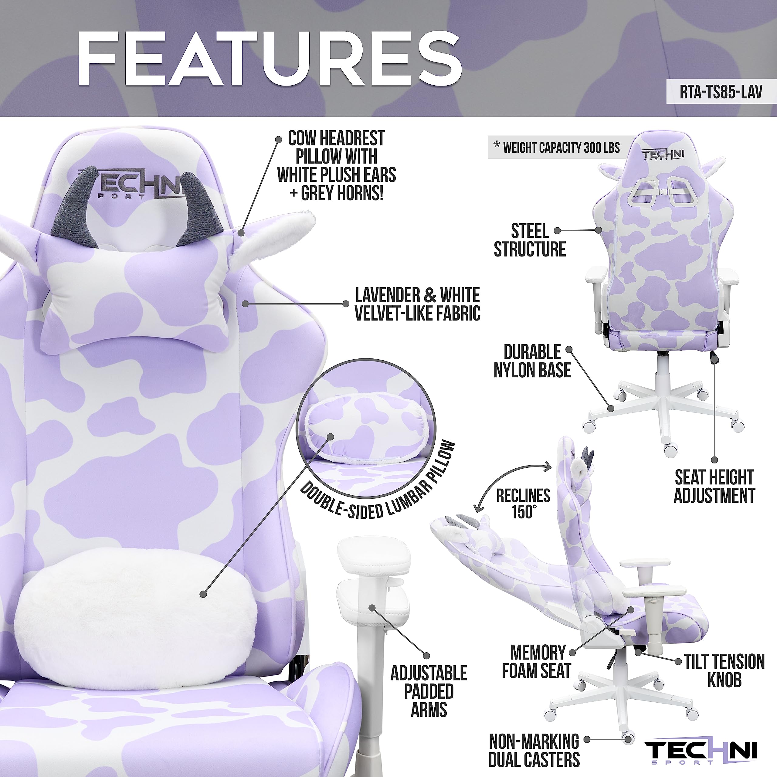 Gaming Chair - Lavender Purple Cow Print - Ergonomic Office Chair with Memory Foam
