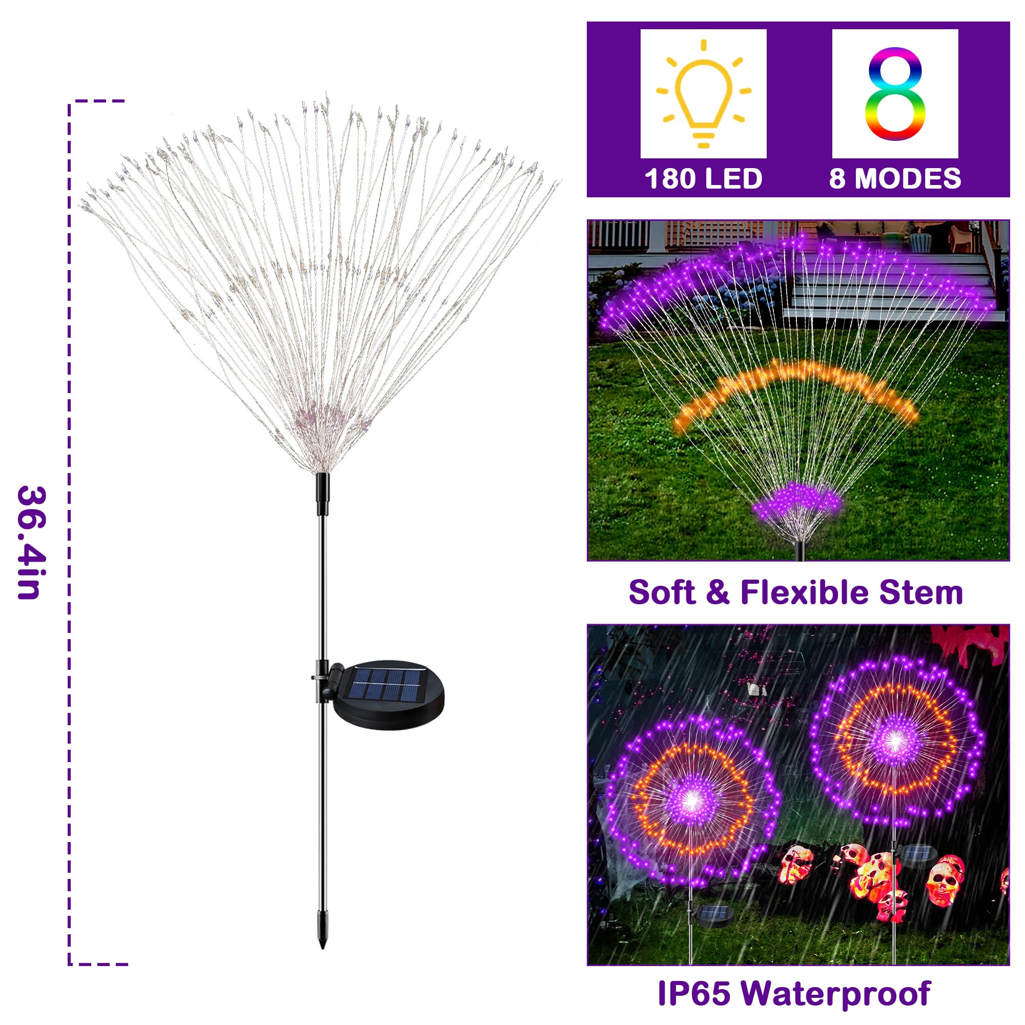Halloween Firework Lights Outdoor Decorations, 2 Pack Halloween Solar Lights with 8