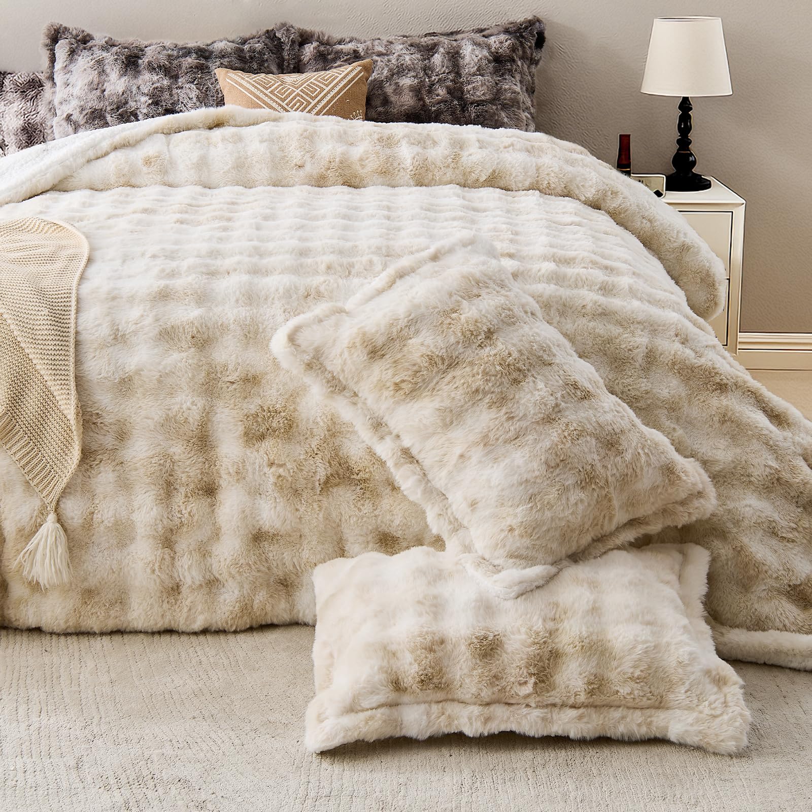 Faux Rabbit Fur Comforter Set Queen - Tie-Dye Brown