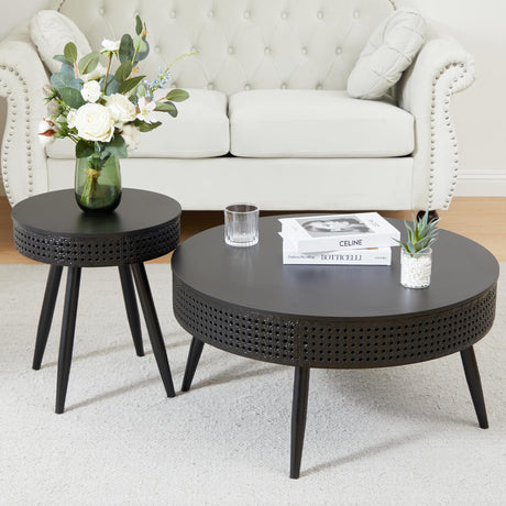 Modern Farmhouse Round End Table Set of 2,Iron Rattan Coffee Table