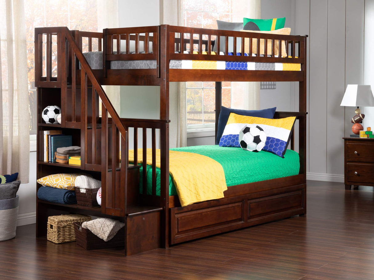 Woodland Staircase Bunk Bed Twin Over Twin with Twin Size Raised Panel Trundle and Attachable USB Charger